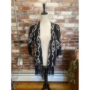 Rumors Boho Fringe Geometric Kimono Cardigan Black & Crea